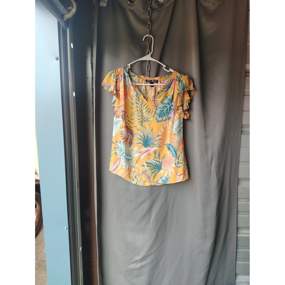 Love X Design Yellow Tropical Palm Print Flutter Sleeve Blouse Small